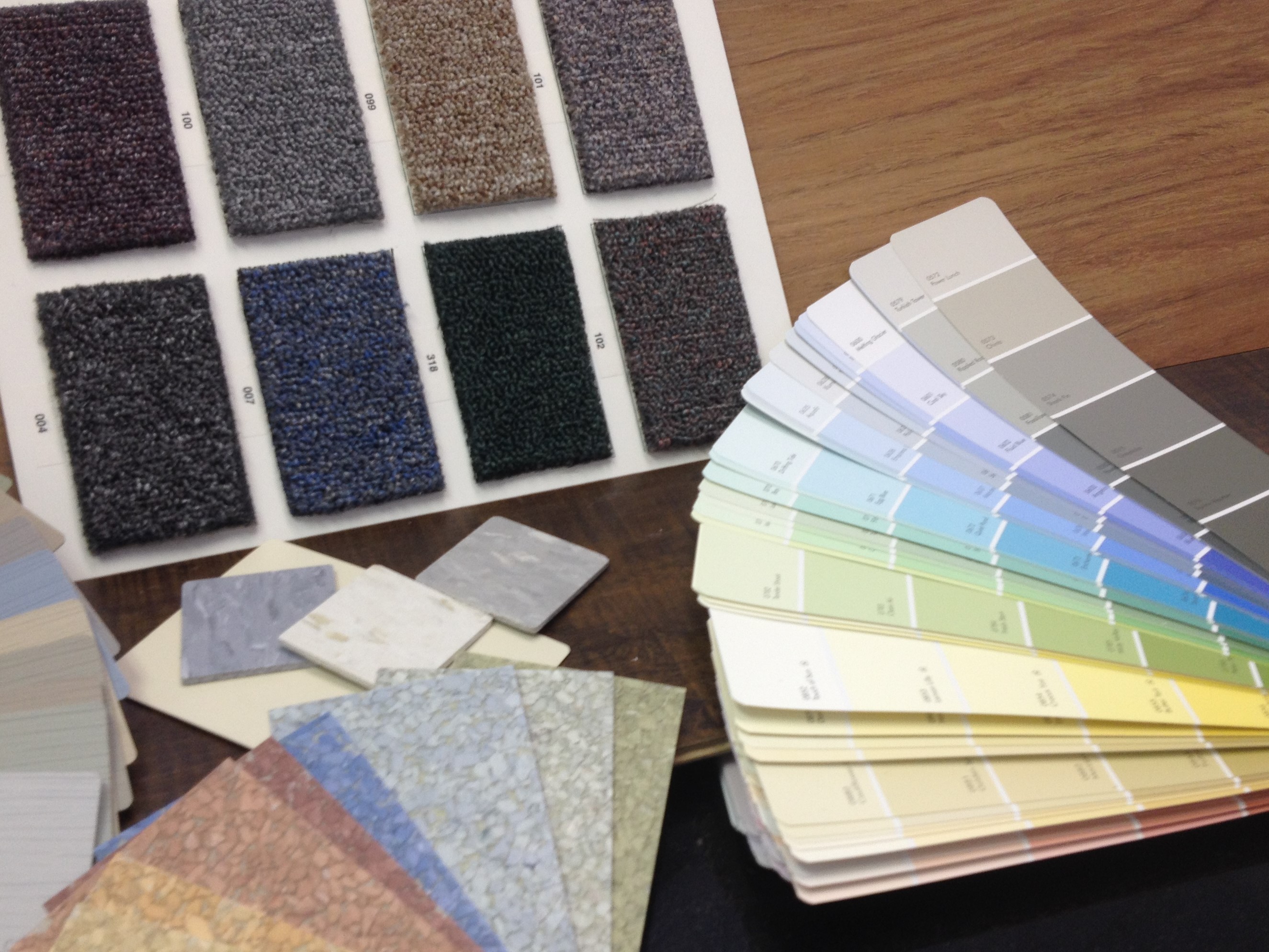 A selection of custom interior finishes for modular buildings: paint, flooring, wall treatments