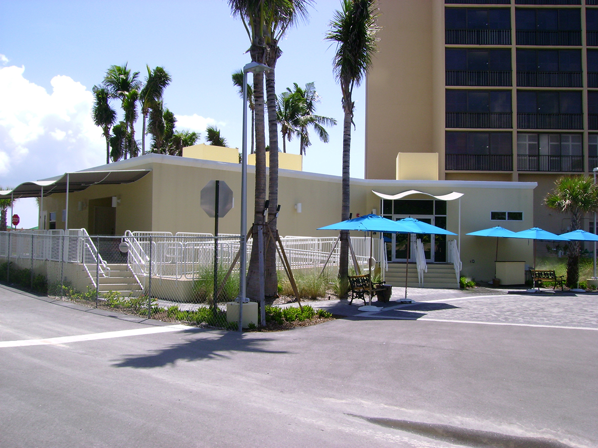 Modular sales office with custom awnings.