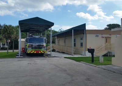 Fire truck outside modular fire station building in Miami