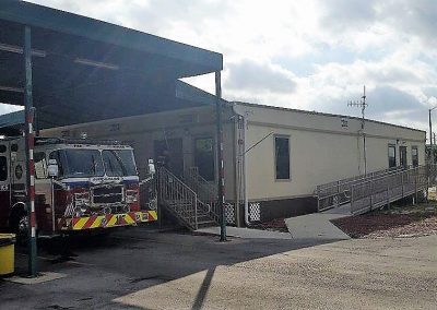 View of modular fire station with awning